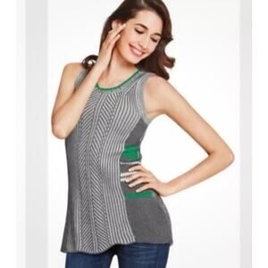 Cabi Top Womens Medium Gray Ivory Green Sweater Tank Cotton Knit Ribbed Long